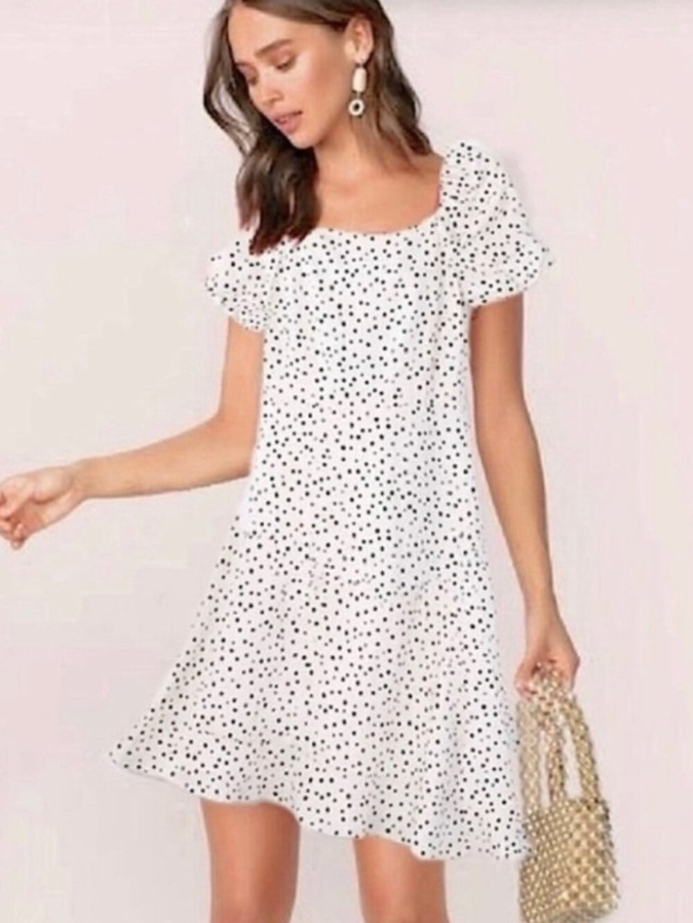 Loft Polka Dot Puff Sleeve Cream Linen Neutral Dress Preppy Casual Size 2